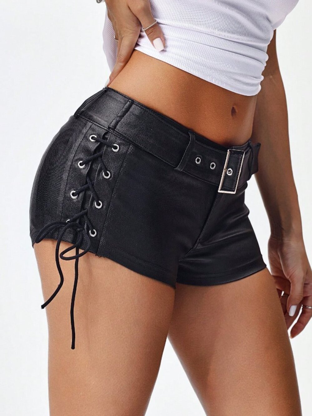 Black Casual Women's Lace-Up Knotted Waist Tight Fit Shorts Y2k